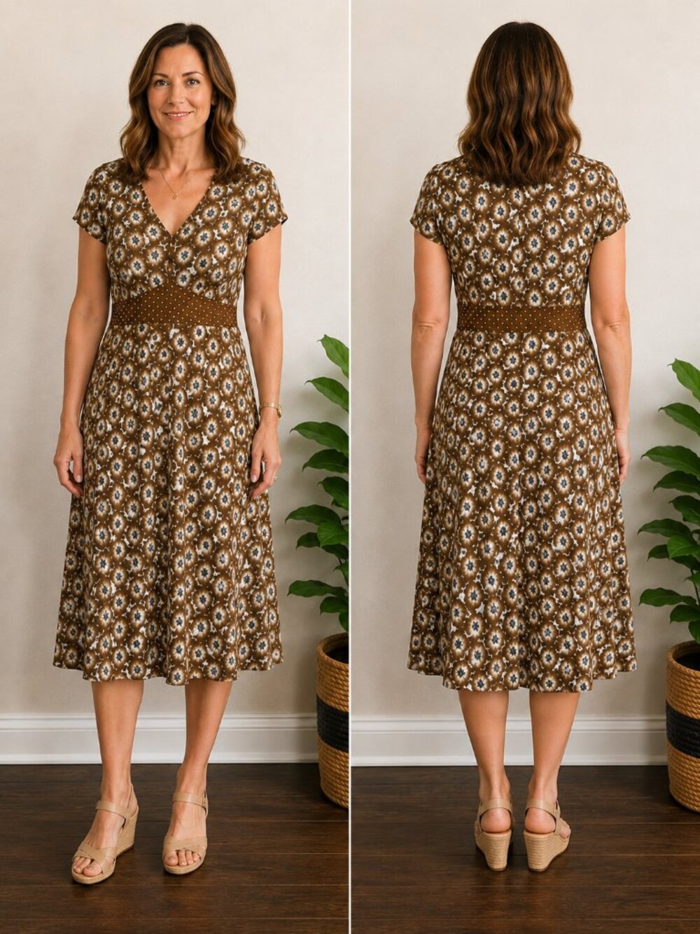 Boden Brown Floral Polka Dot Midi Dress Short Sleeve V-Neck Size UK 14R - US 10